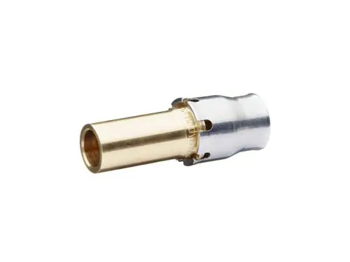 Pressfitting aus Edelstahl und Messing von Fränkische, mit runder Form und zwei unterschiedlich großen Öffnungen zur Verbindung von Rohrleitungen.